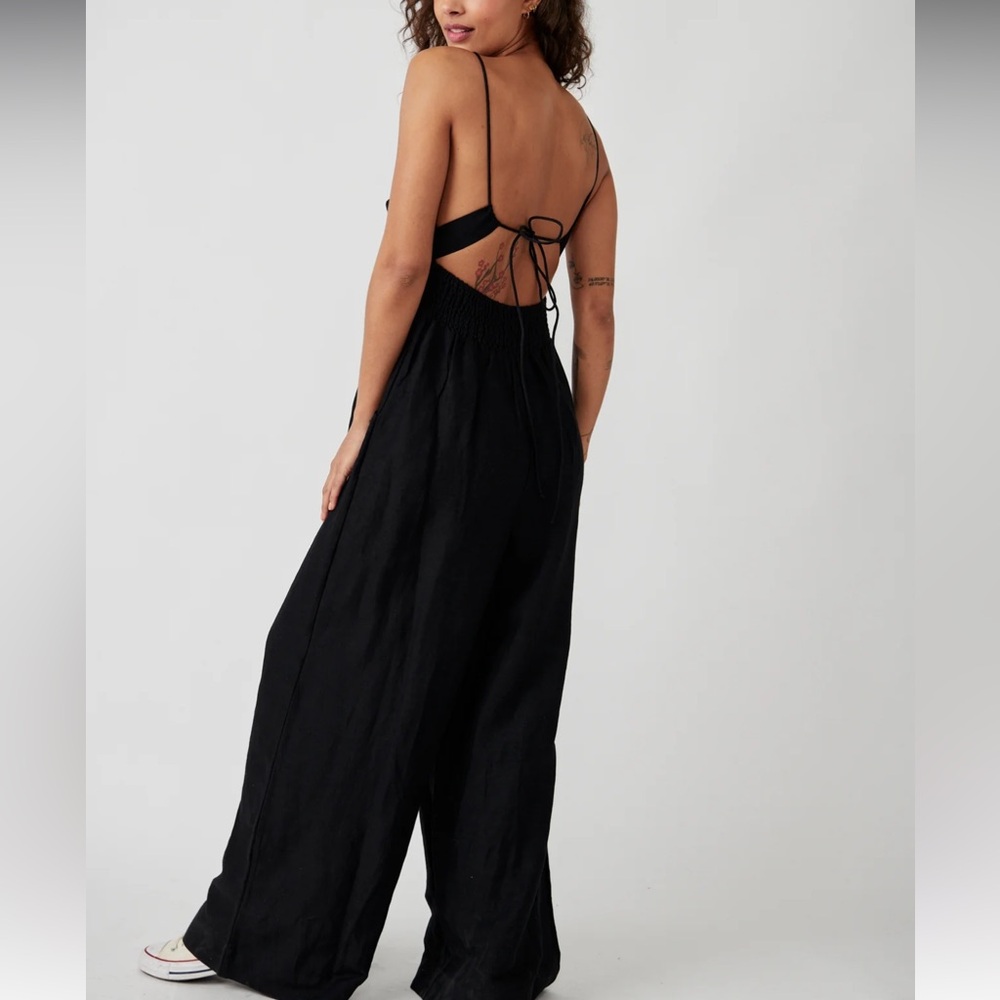 Free People Emma One Piece Linen Jumpsuit in Black - Picture 3 of 8
